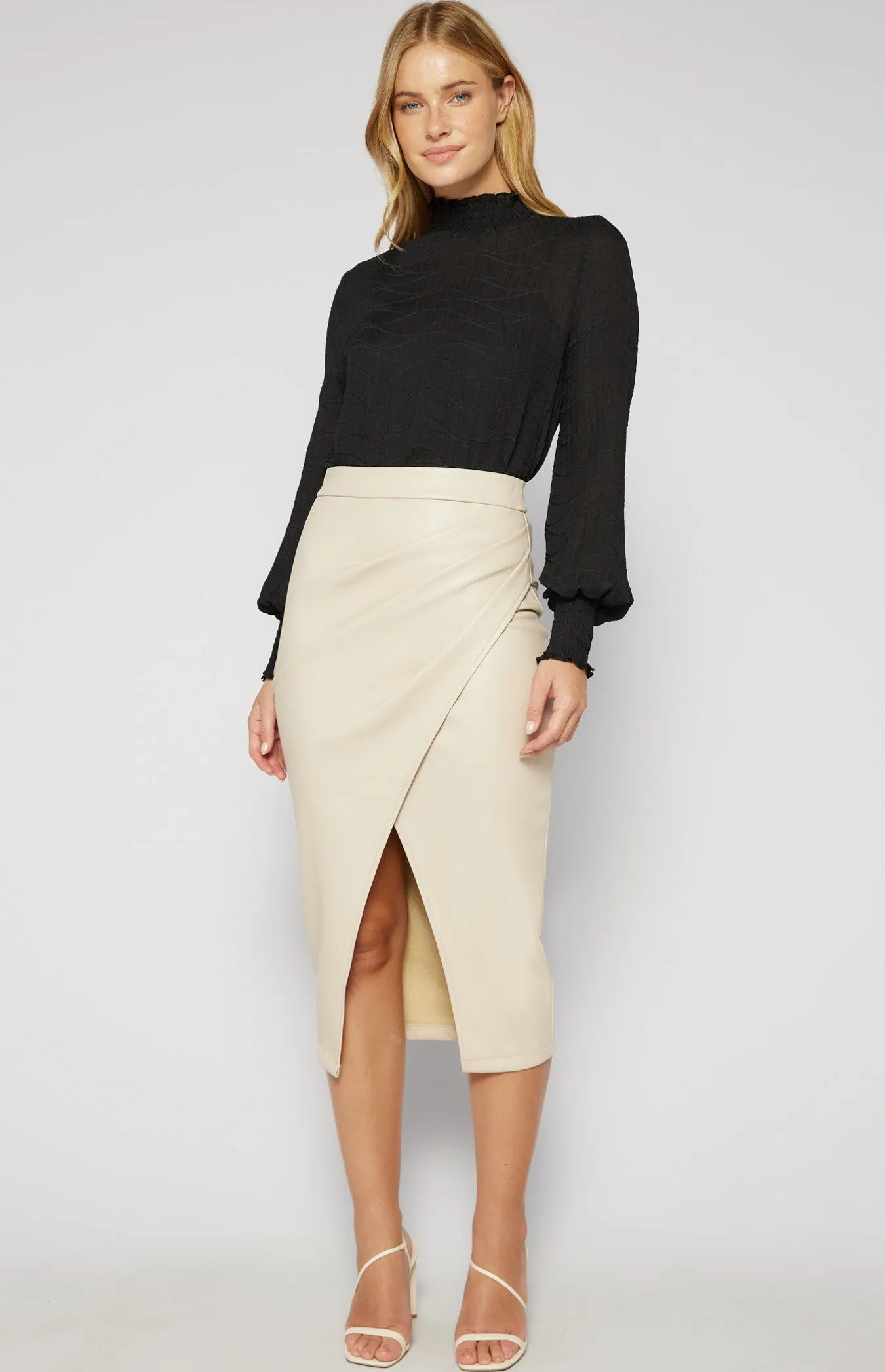 Faux Leather Midi Skirt with Side Pleat - Bone