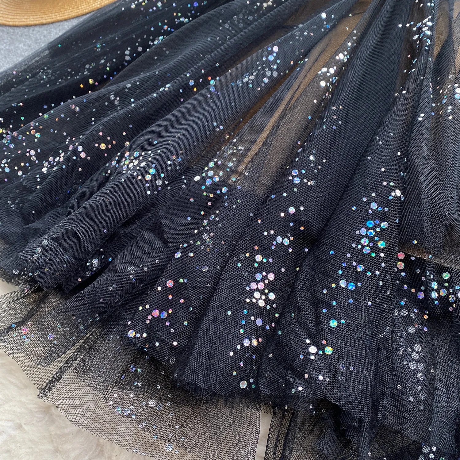 French Style Sequined Slip Mesh Dress