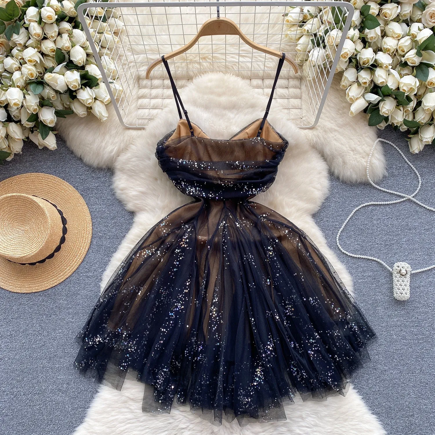 French Style Sequined Slip Mesh Dress
