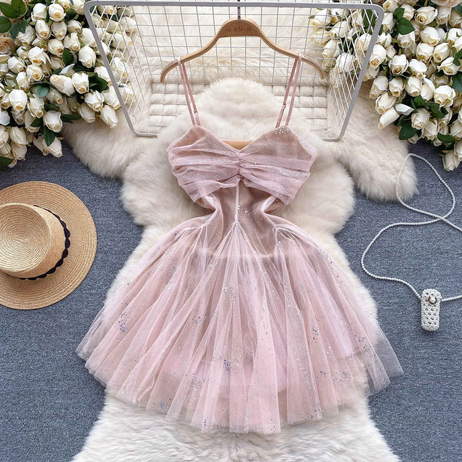 French Style Sequined Slip Mesh Dress
