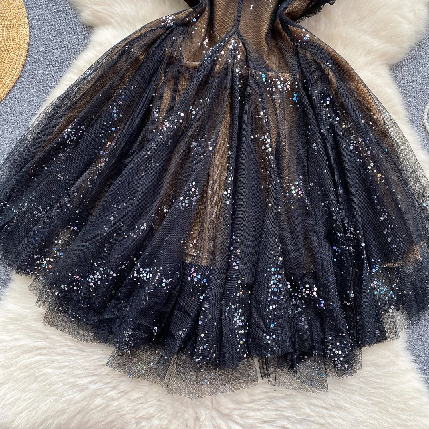 French Style Sequined Slip Mesh Dress