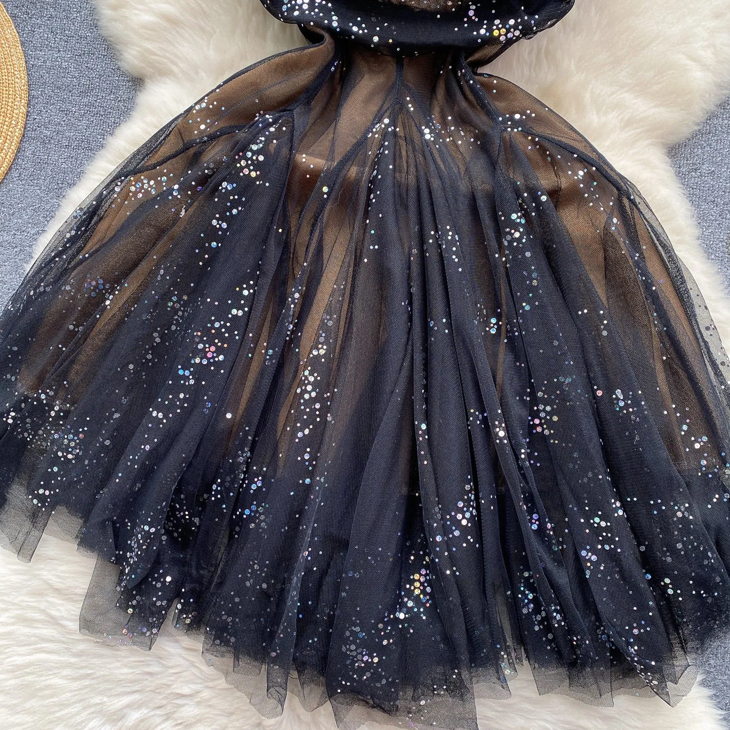French Style Sequined Slip Mesh Dress