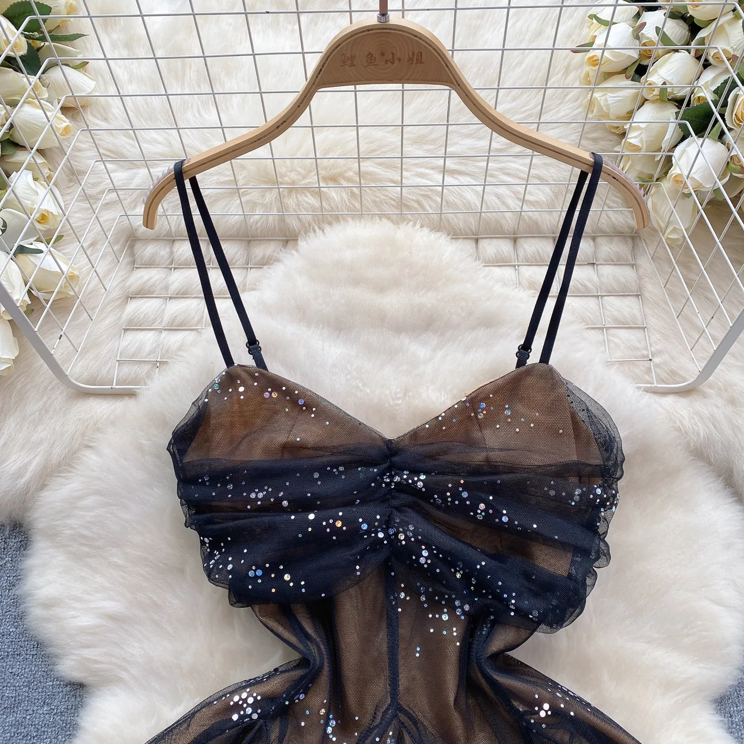 French Style Sequined Slip Mesh Dress
