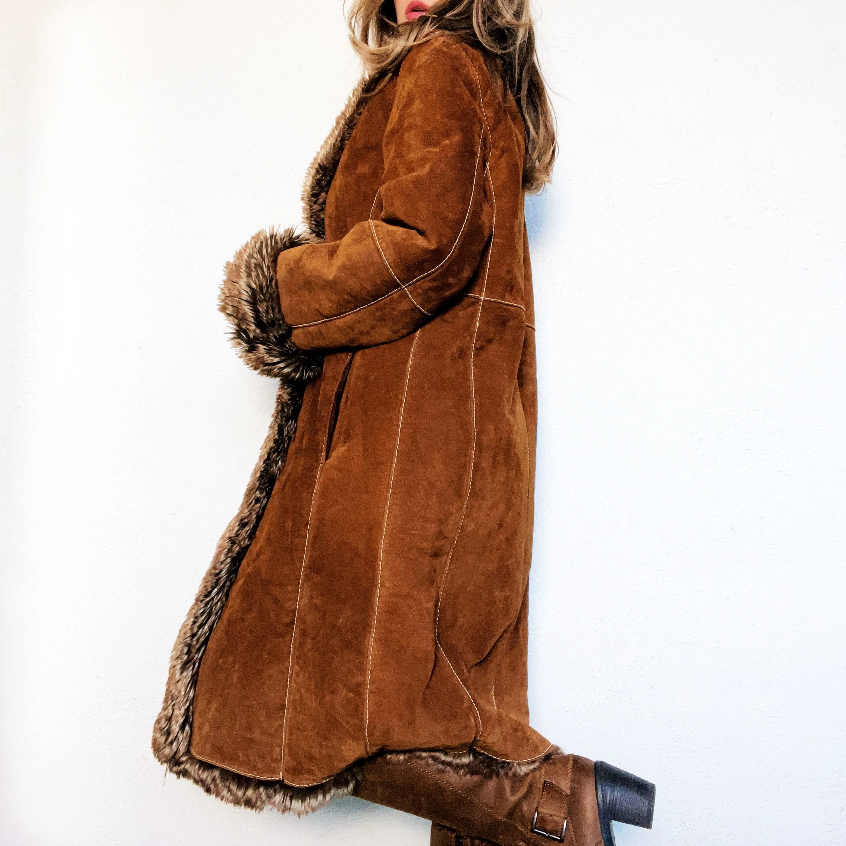 Furry Brown Leather Penny Lane Coat