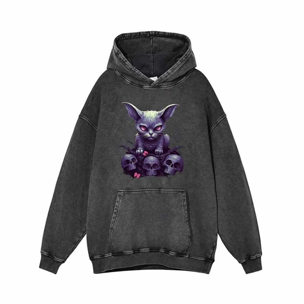 Gothic Kitten And Skeleton Vintage Washed Hoodie