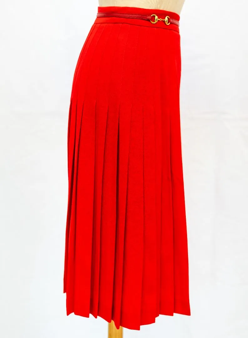 Gucci Red Pleated Horsebit Midi Skirt