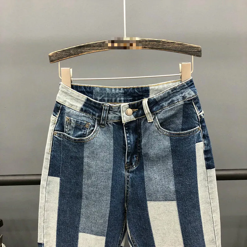 High Waist Geometric Panelled Spliced Jeans Pants