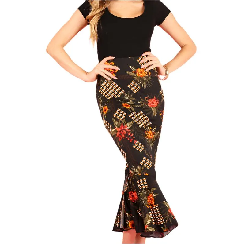 High Waist Print Midi Skirt with Mermaid bottom