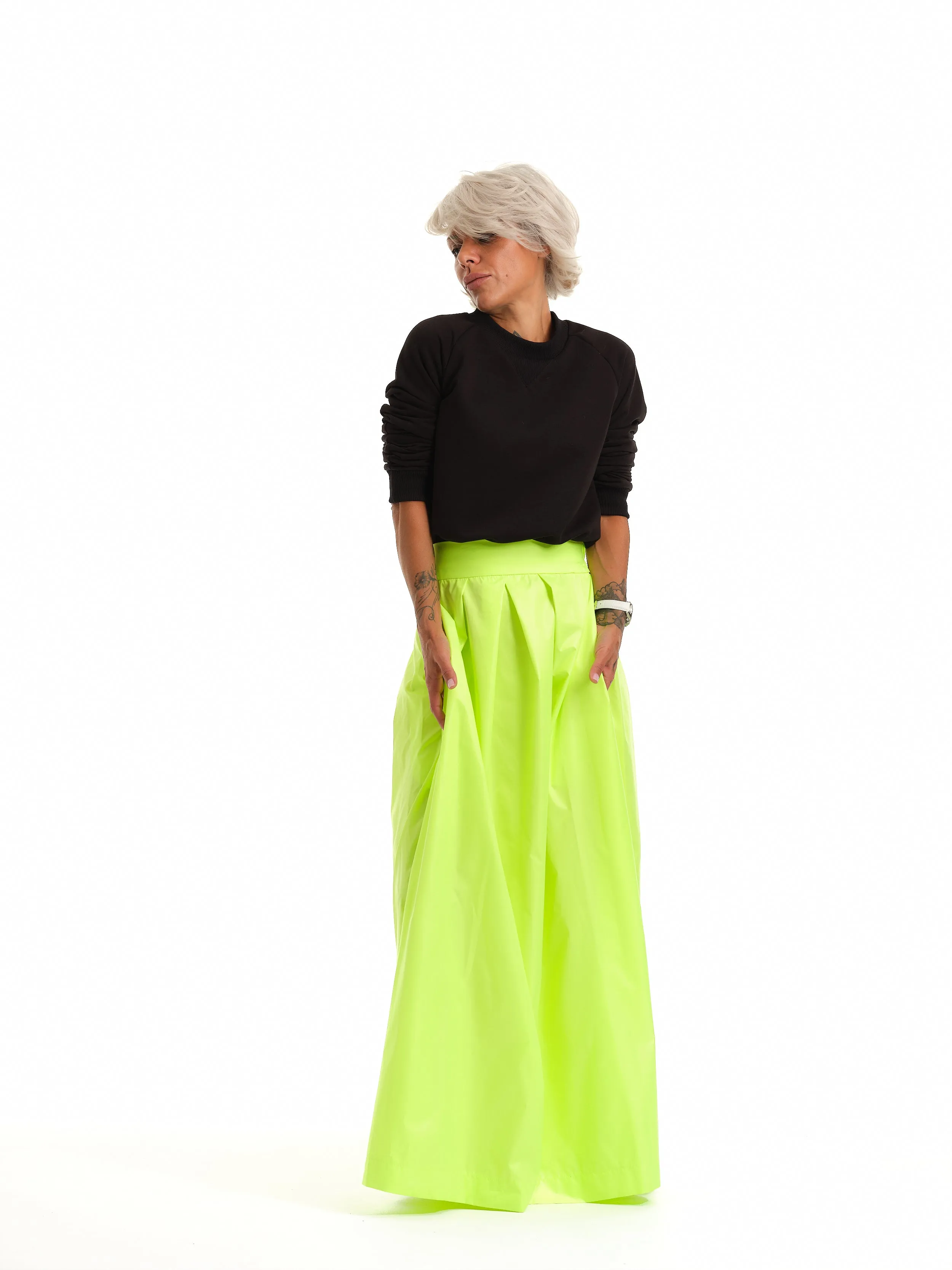 High-Waisted Neon Green Maxi Skirt with Elastic Waistband