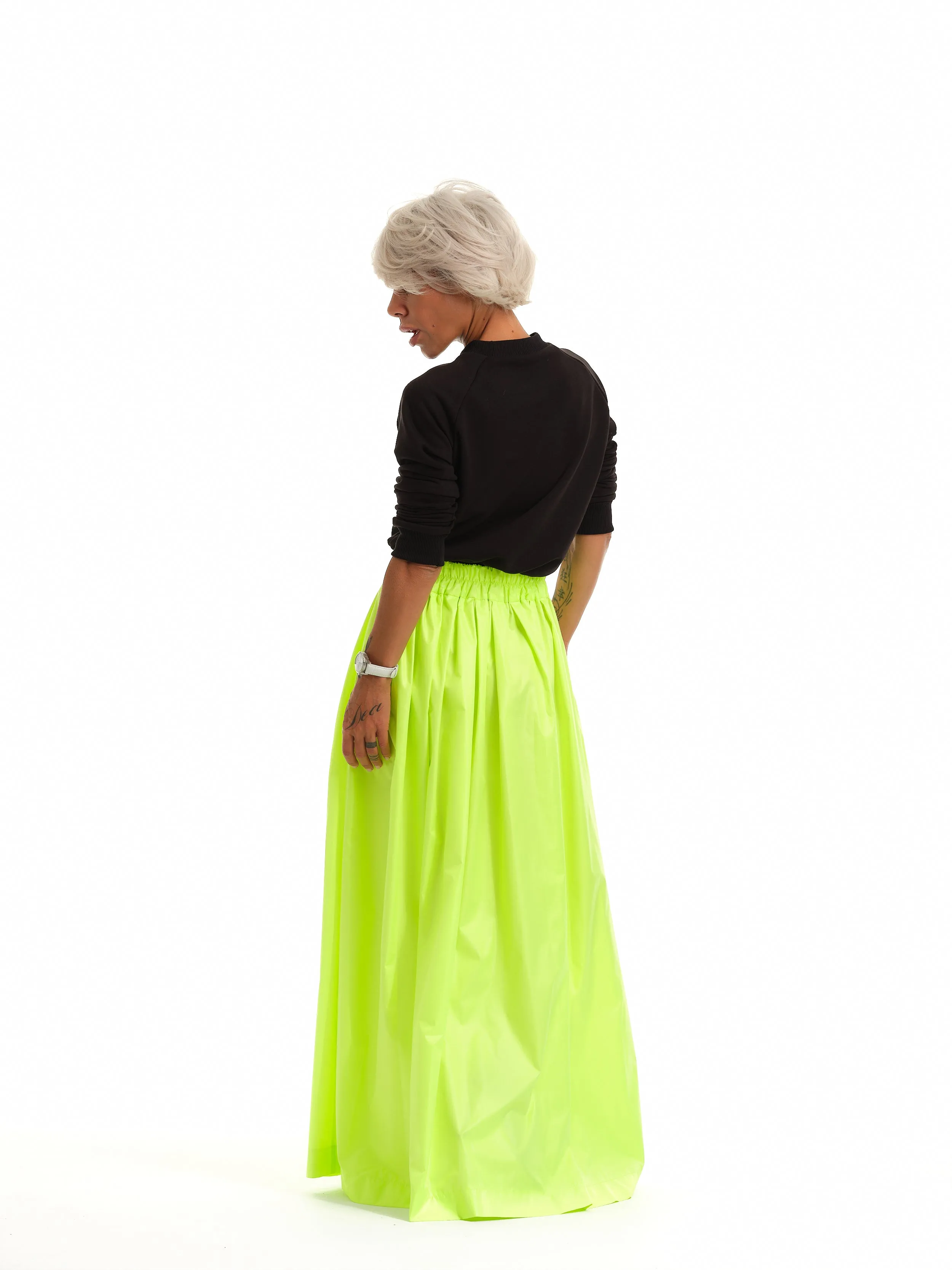 High-Waisted Neon Green Maxi Skirt with Elastic Waistband