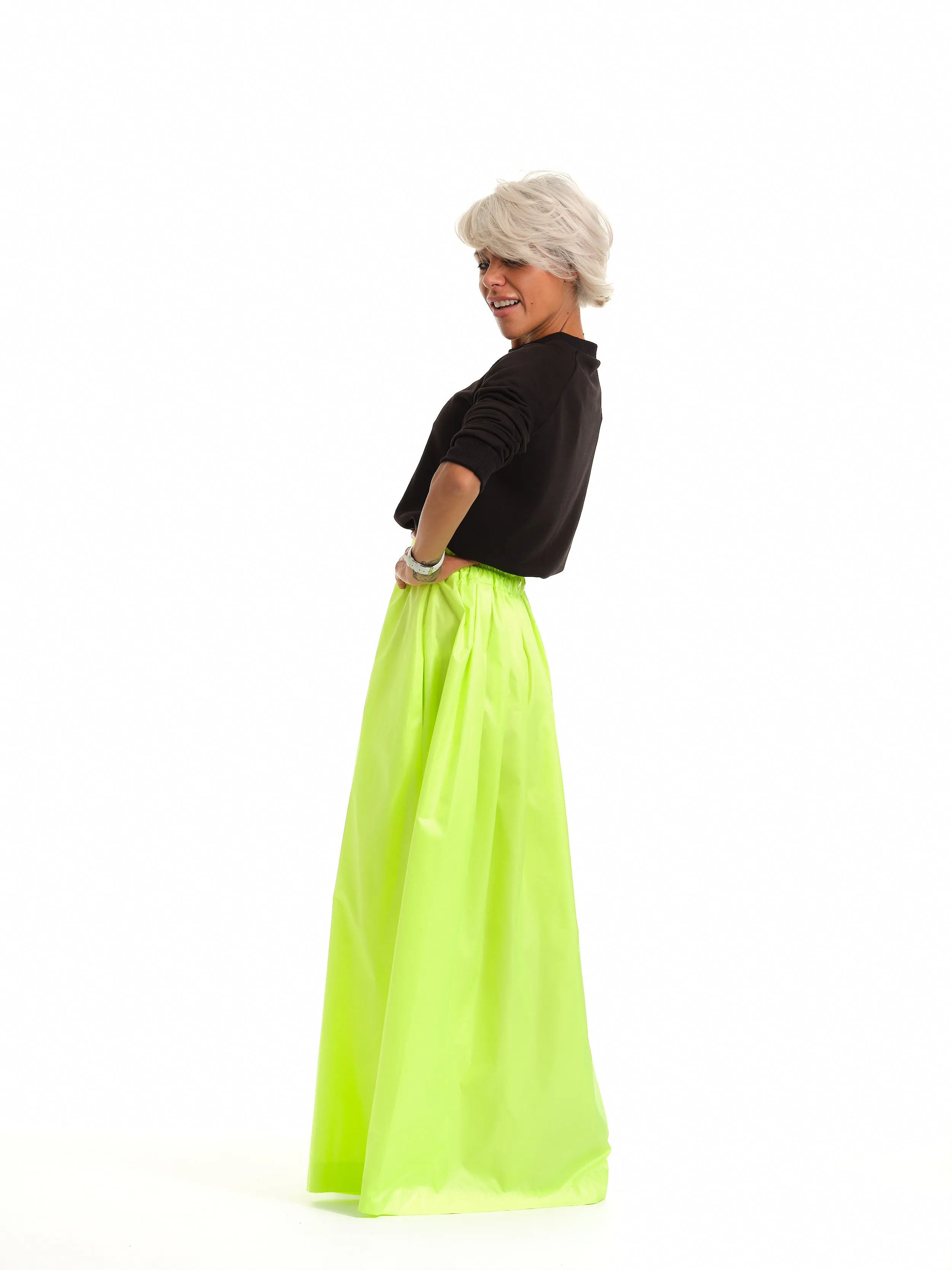 High-Waisted Neon Green Maxi Skirt with Elastic Waistband