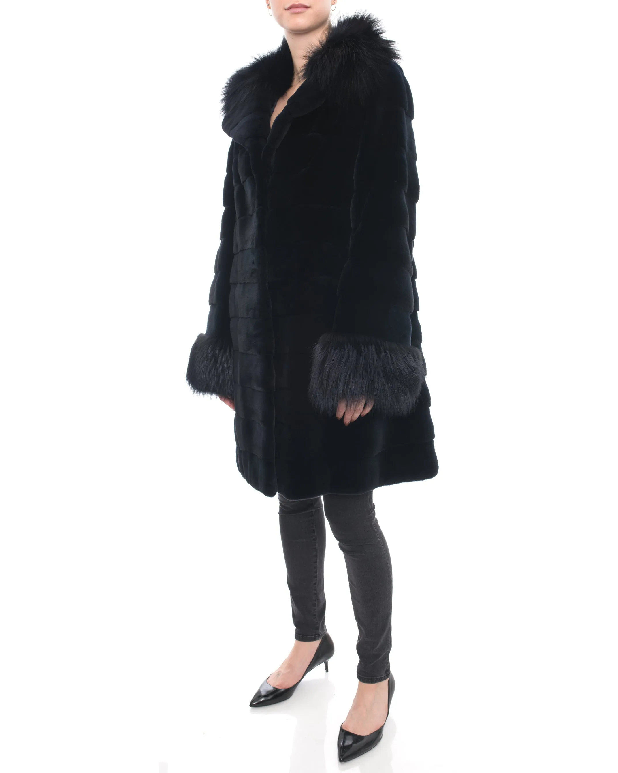 Holt Renfrew Midnight Sheared Mink and Fox Fur Trim Coat - 12