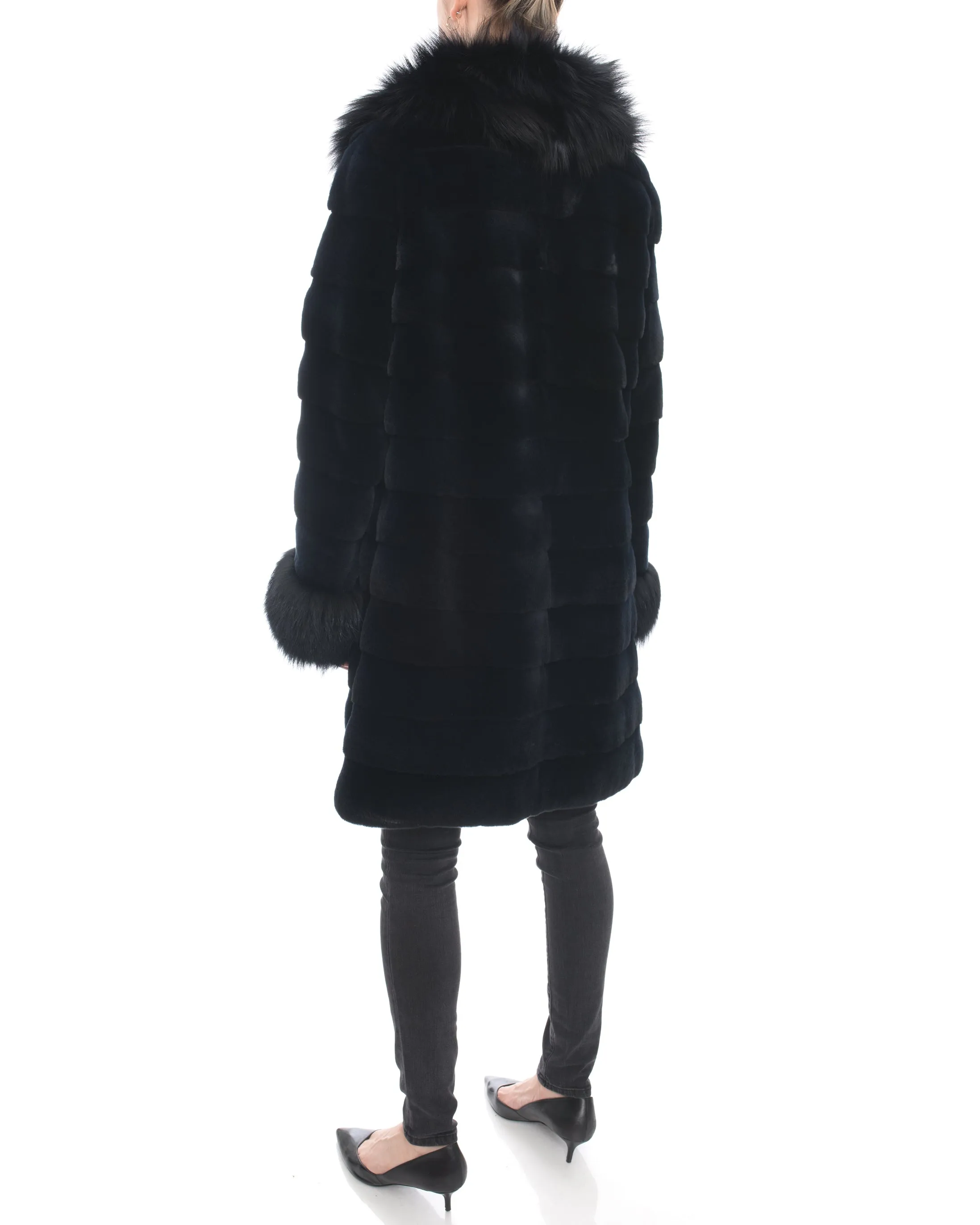 Holt Renfrew Midnight Sheared Mink and Fox Fur Trim Coat - 12