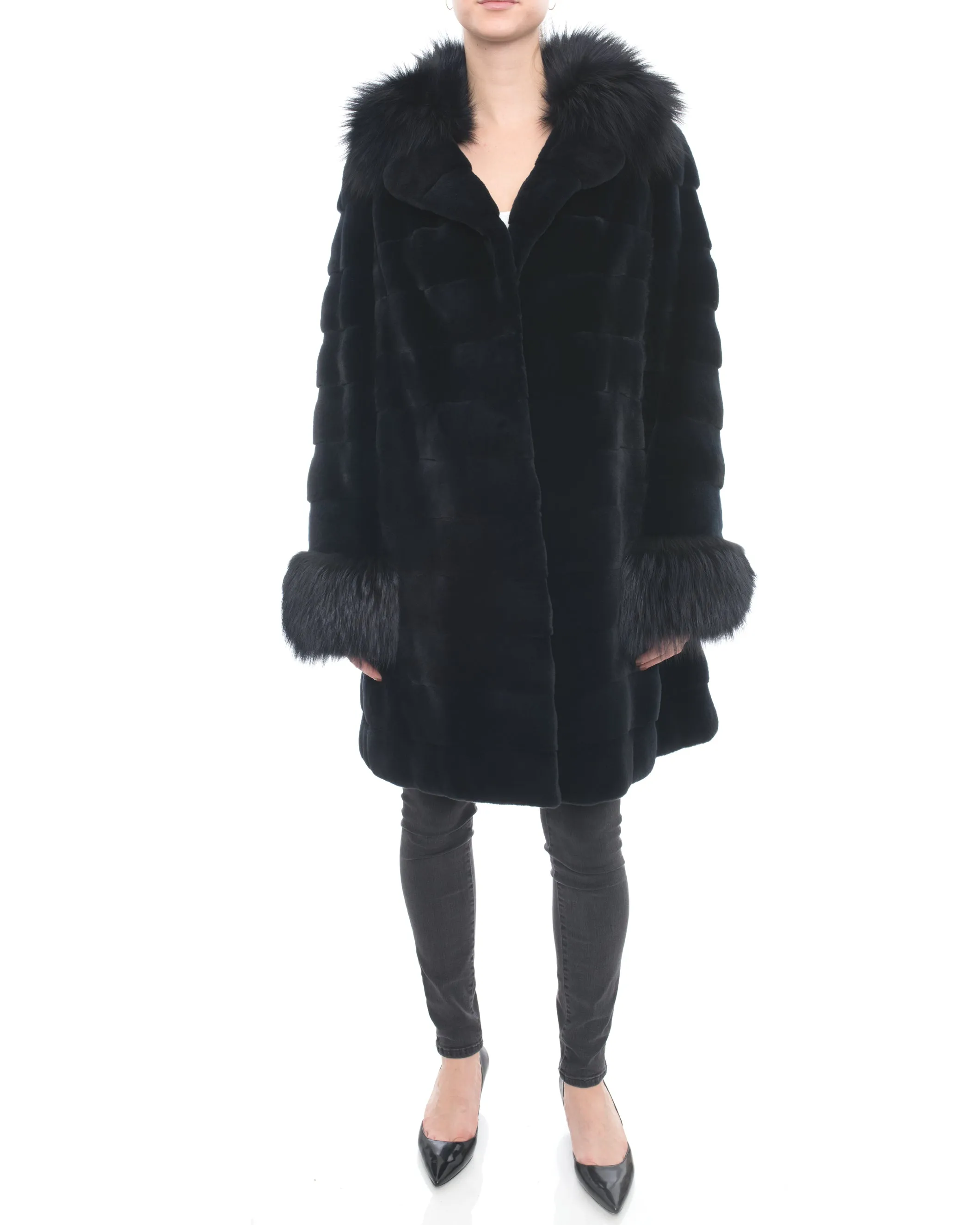 Holt Renfrew Midnight Sheared Mink and Fox Fur Trim Coat - 12