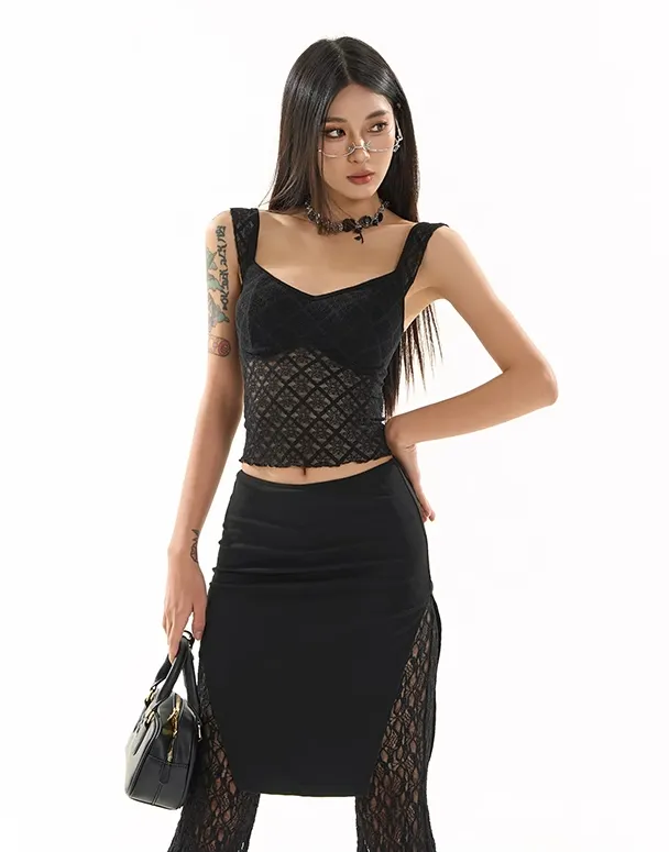 Lace Grid Overlay Sweetheart Neckline Crop Top