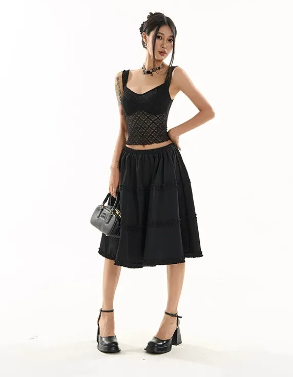 Lace Grid Overlay Sweetheart Neckline Crop Top