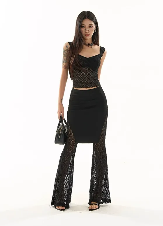 Lace Grid Overlay Sweetheart Neckline Crop Top