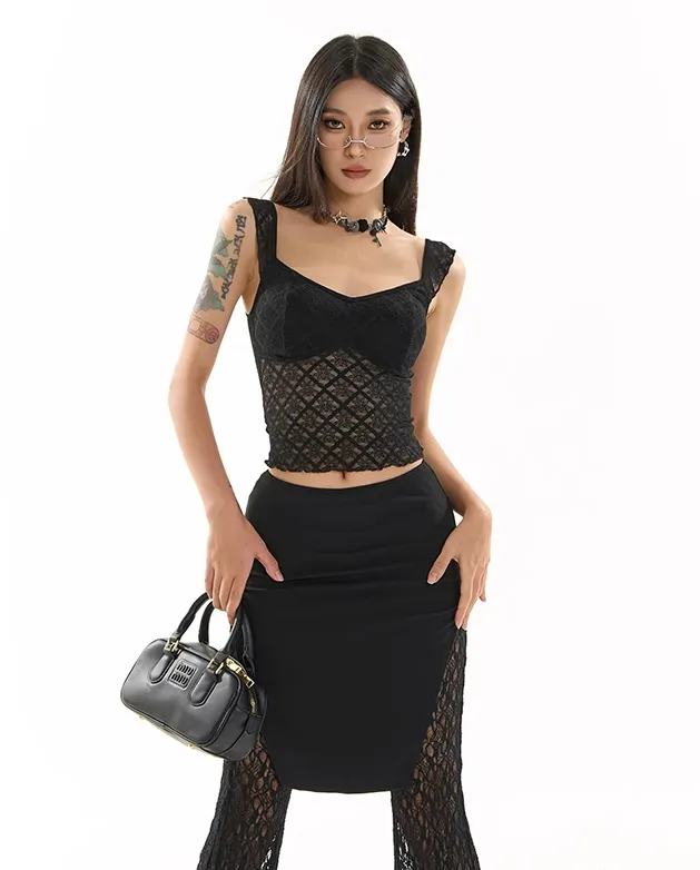 Lace Grid Overlay Sweetheart Neckline Crop Top