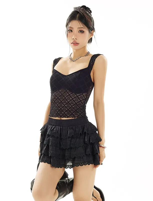 Lace Grid Overlay Sweetheart Neckline Crop Top