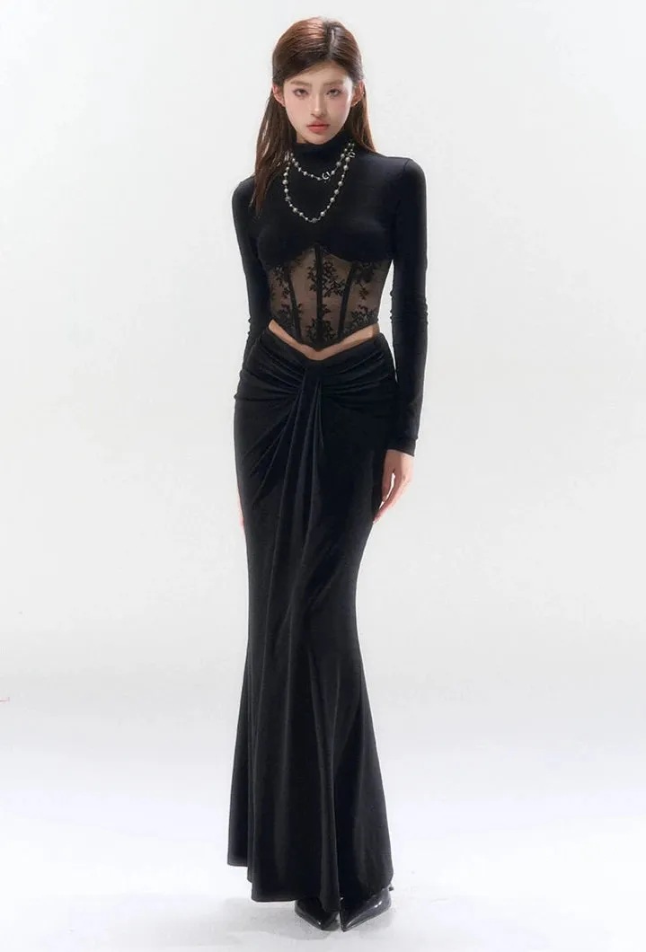Lace Mesh Mock Neck Corset Long Sleeve Top