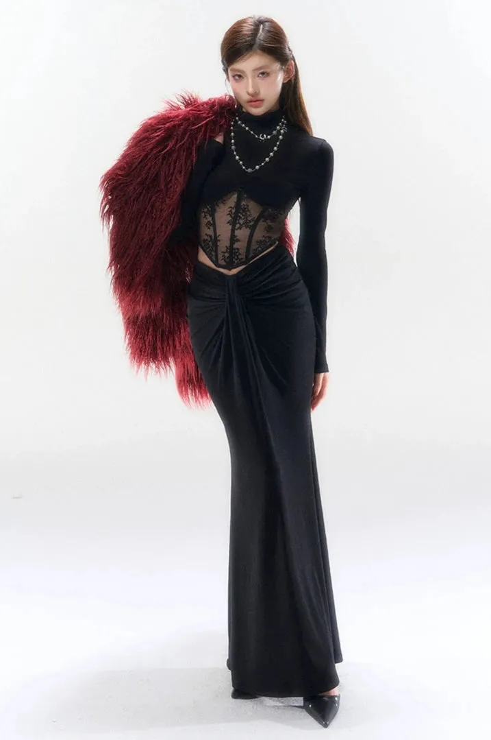 Lace Mesh Mock Neck Corset Long Sleeve Top