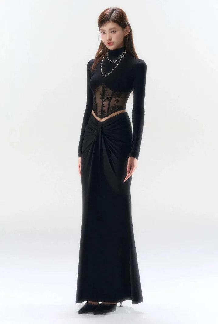 Lace Mesh Mock Neck Corset Long Sleeve Top
