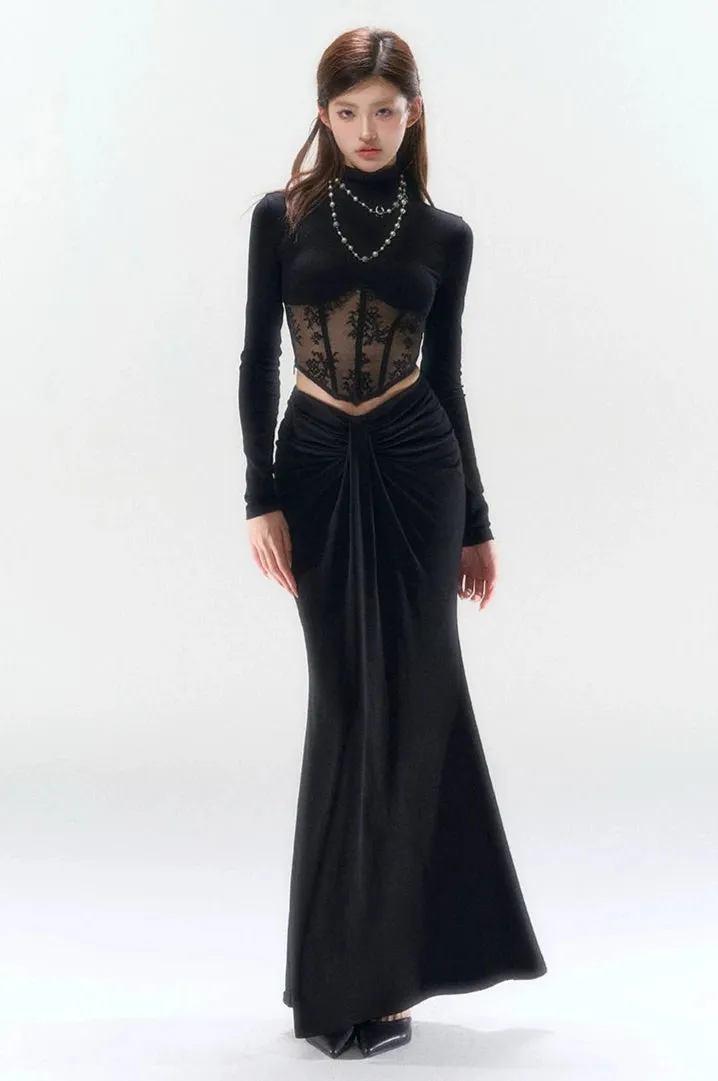 Lace Mesh Mock Neck Corset Long Sleeve Top