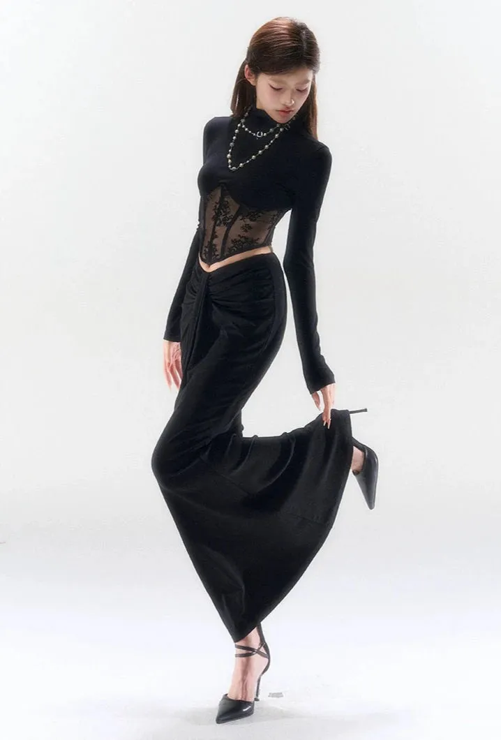 Lace Mesh Mock Neck Corset Long Sleeve Top