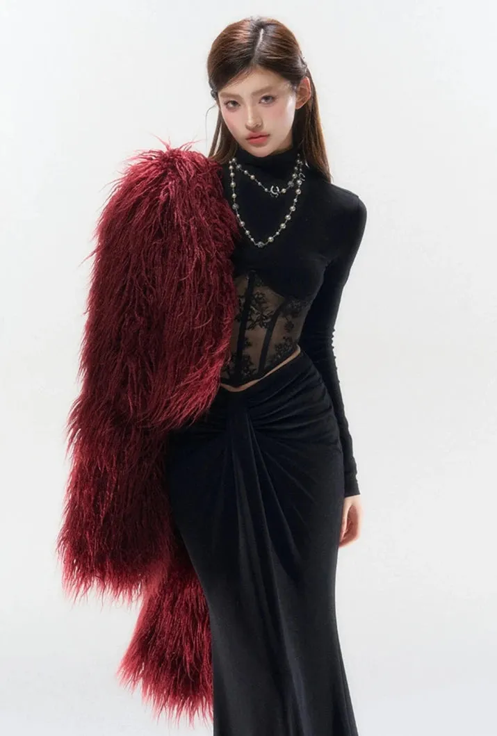 Lace Mesh Mock Neck Corset Long Sleeve Top