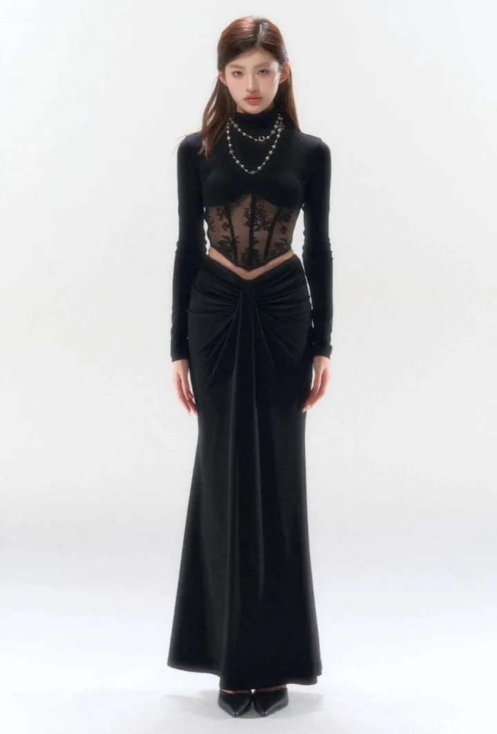 Lace Mesh Mock Neck Corset Long Sleeve Top