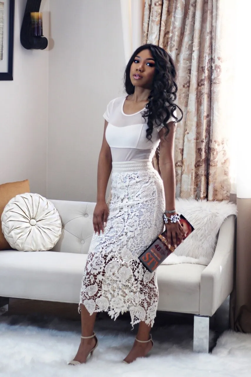 Lacey All Laced Up White Lace Midi Skirt
