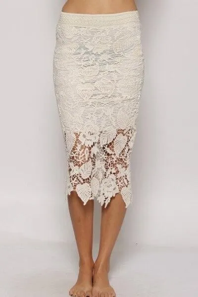 Lacey All Laced Up White Lace Midi Skirt