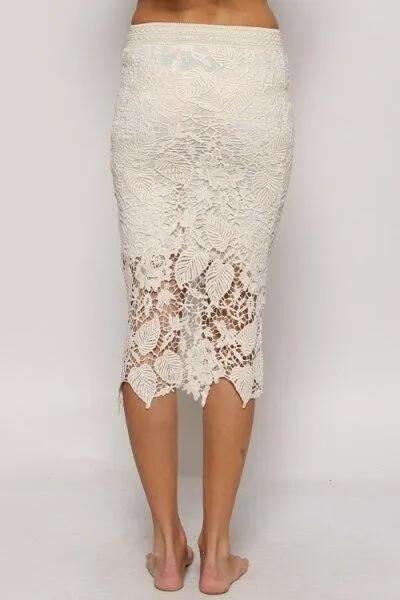 Lacey All Laced Up White Lace Midi Skirt