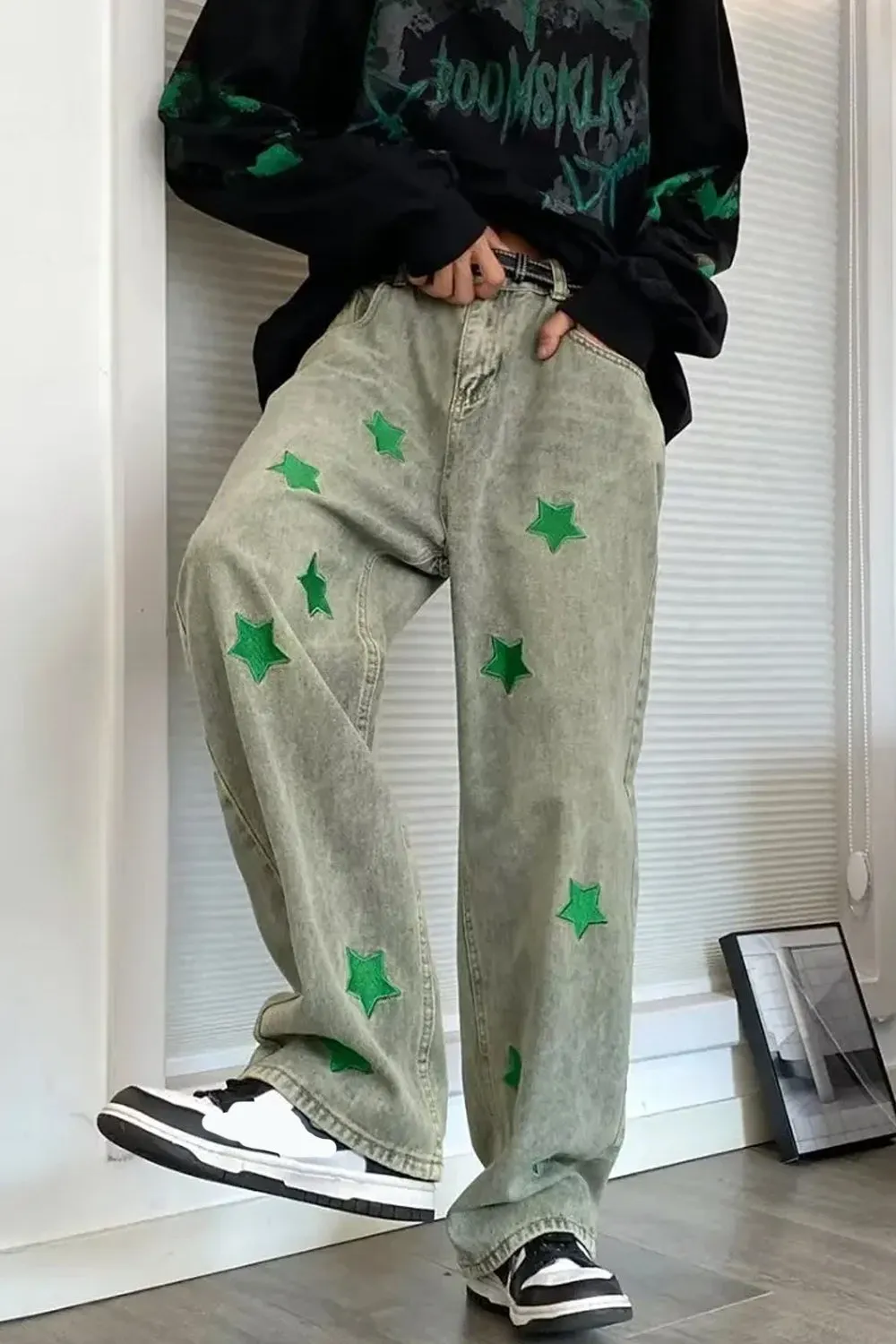 Loose Green Stars Embroidered Hip Hop Jeans Pants