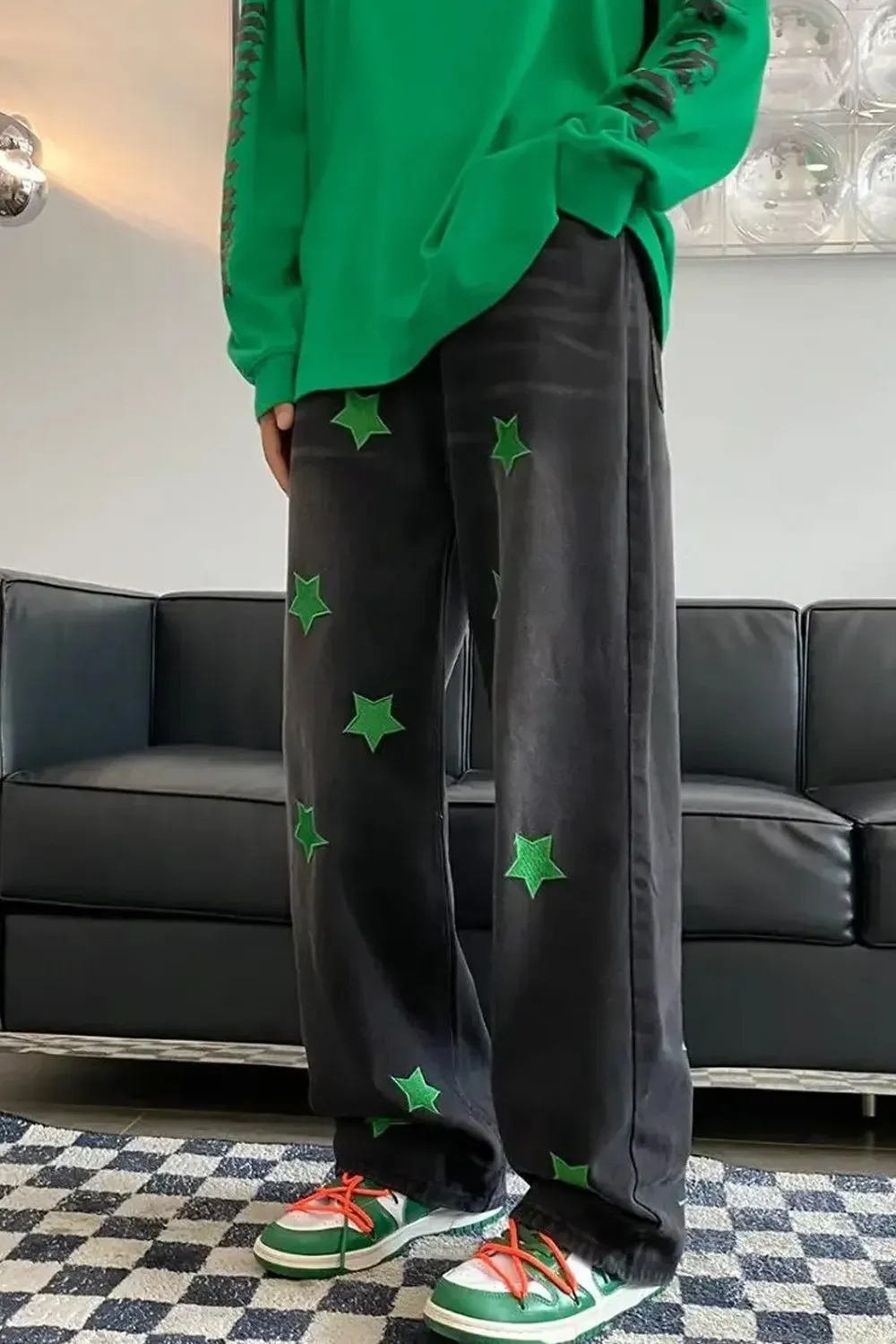 Loose Green Stars Embroidered Hip Hop Jeans Pants