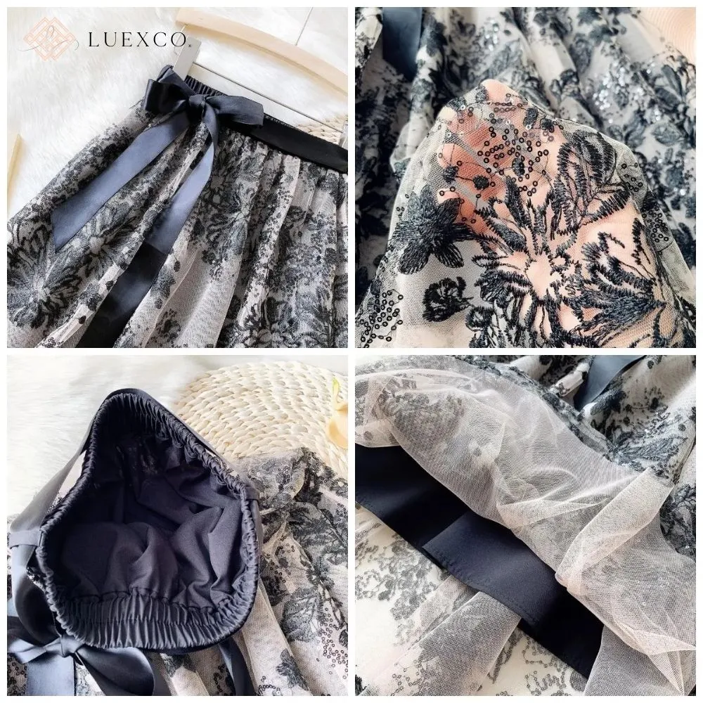 Luexco Vintage Floral Skirt Embroidered Mid Length
