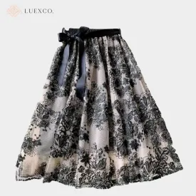 Luexco Vintage Floral Skirt Embroidered Mid Length