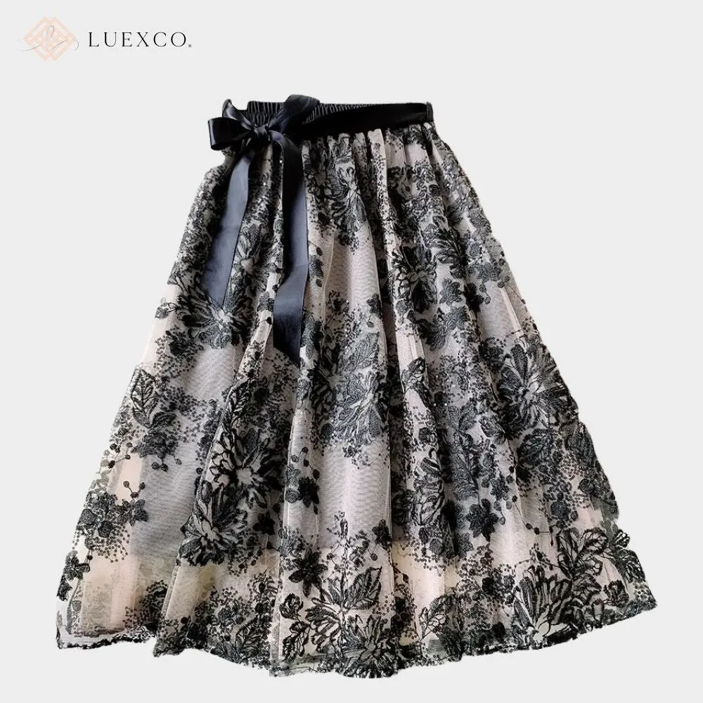Luexco Vintage Floral Skirt Embroidered Mid Length