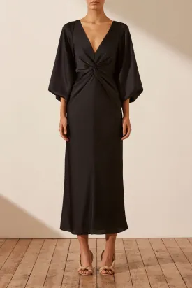 LUXE BALLOON SLEEVE KNOT FRONT MIDI DRESS - ONYX