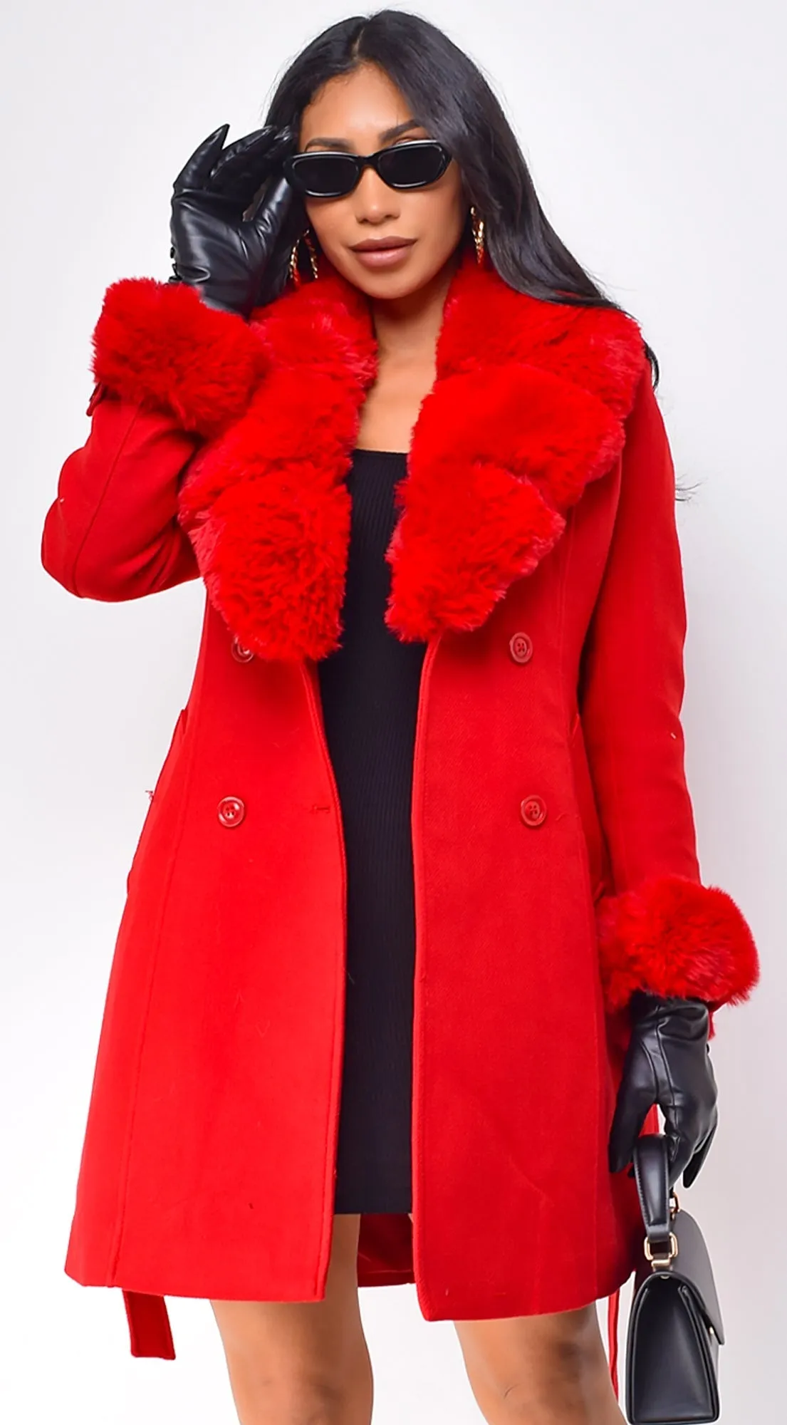 Maisie Belted Faux Fur Coat - Red
