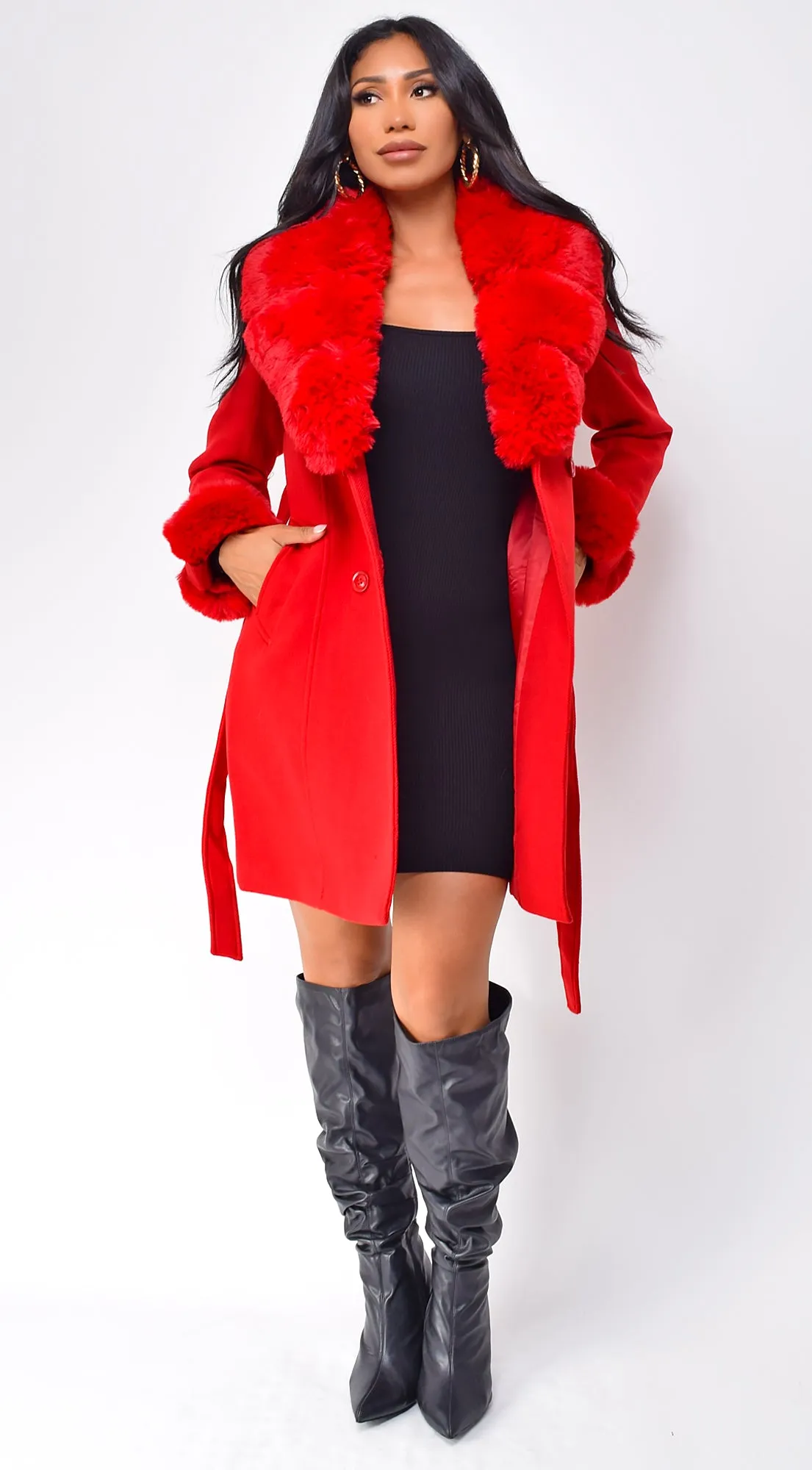 Maisie Belted Faux Fur Coat - Red