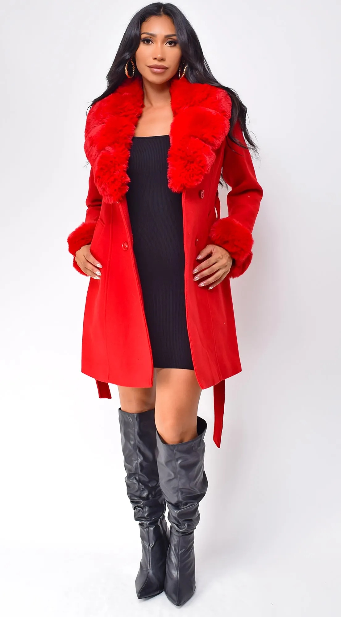 Maisie Belted Faux Fur Coat - Red