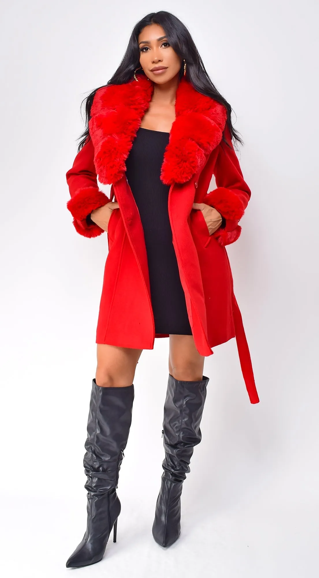 Maisie Belted Faux Fur Coat - Red