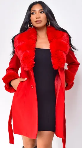 Maisie Belted Faux Fur Coat - Red