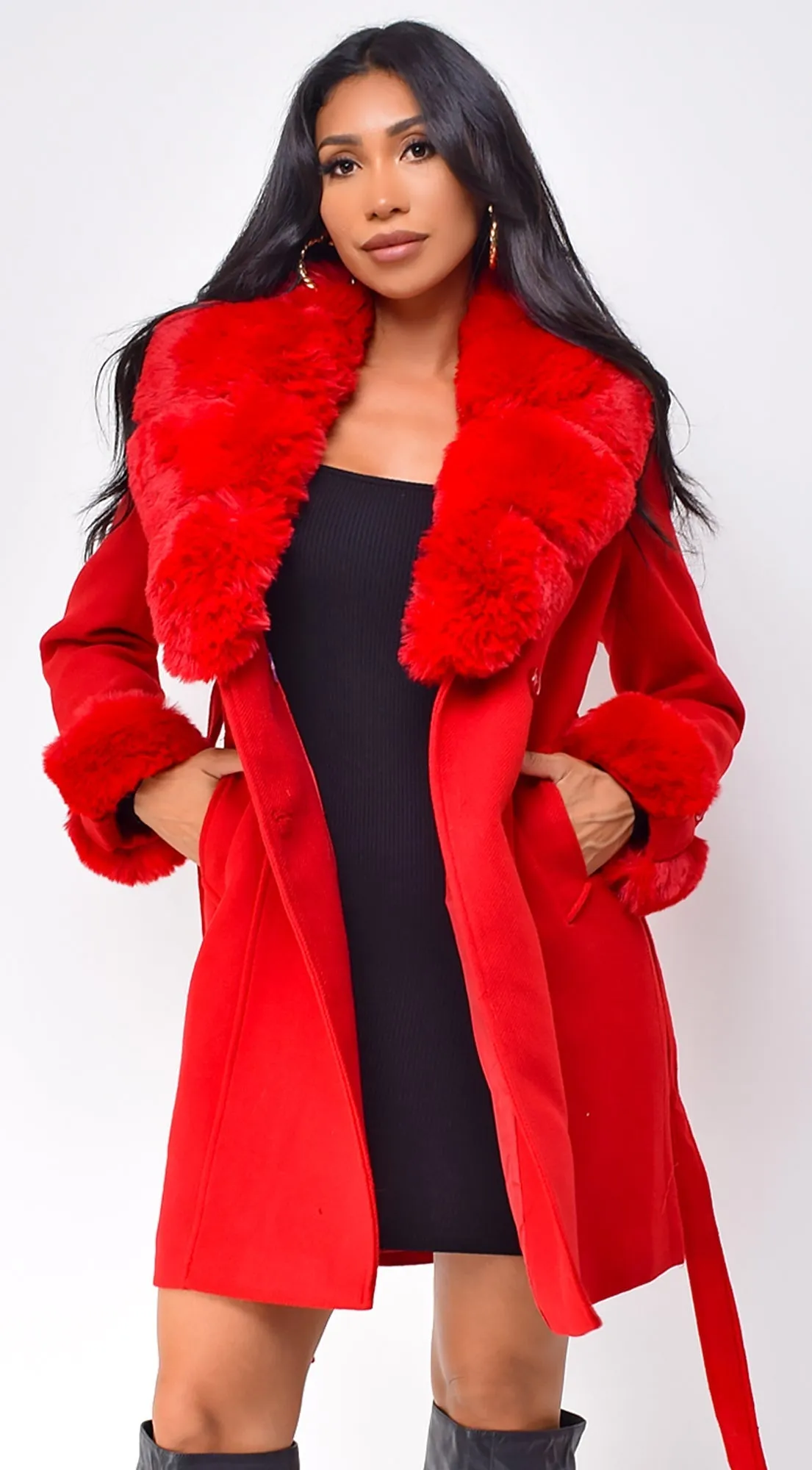 Maisie Belted Faux Fur Coat - Red