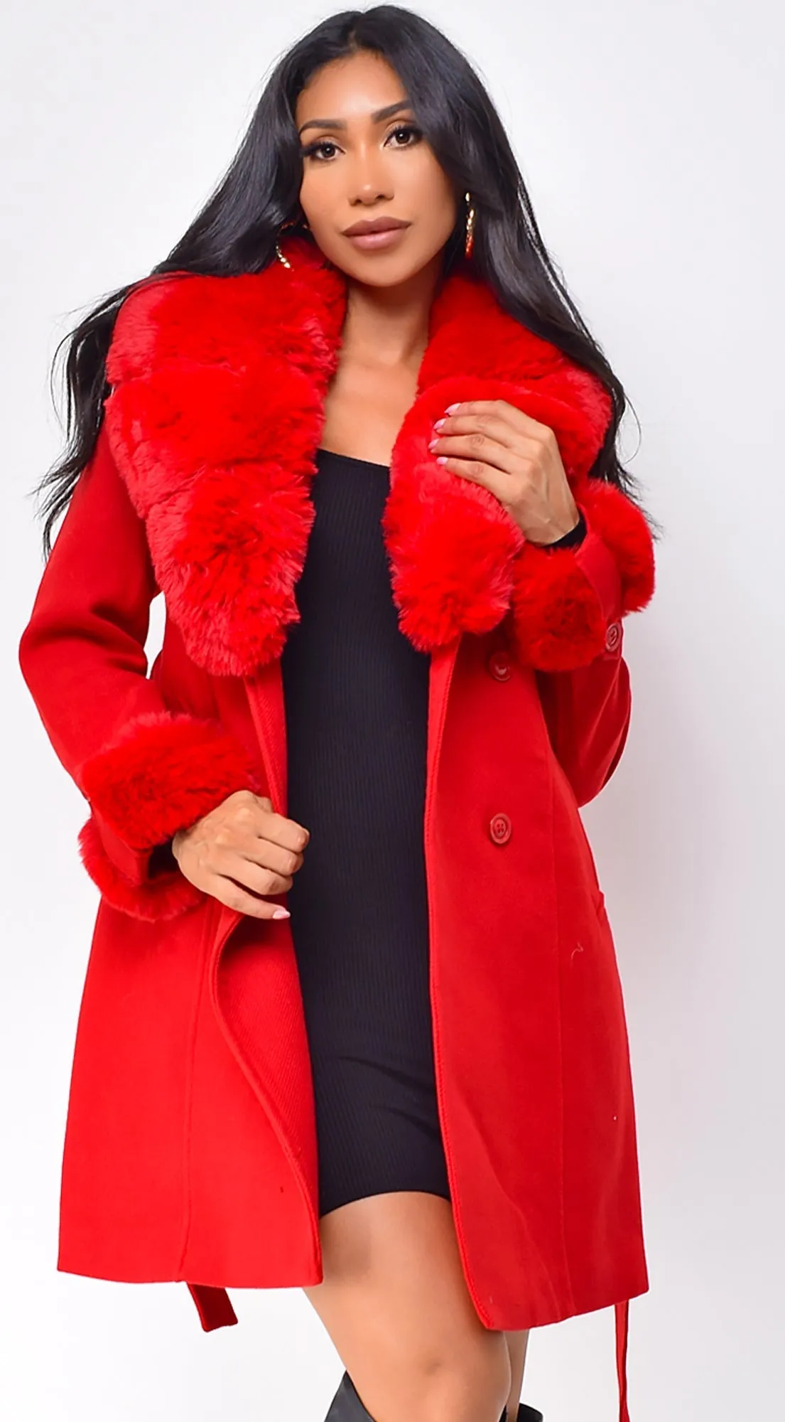 Maisie Belted Faux Fur Coat - Red