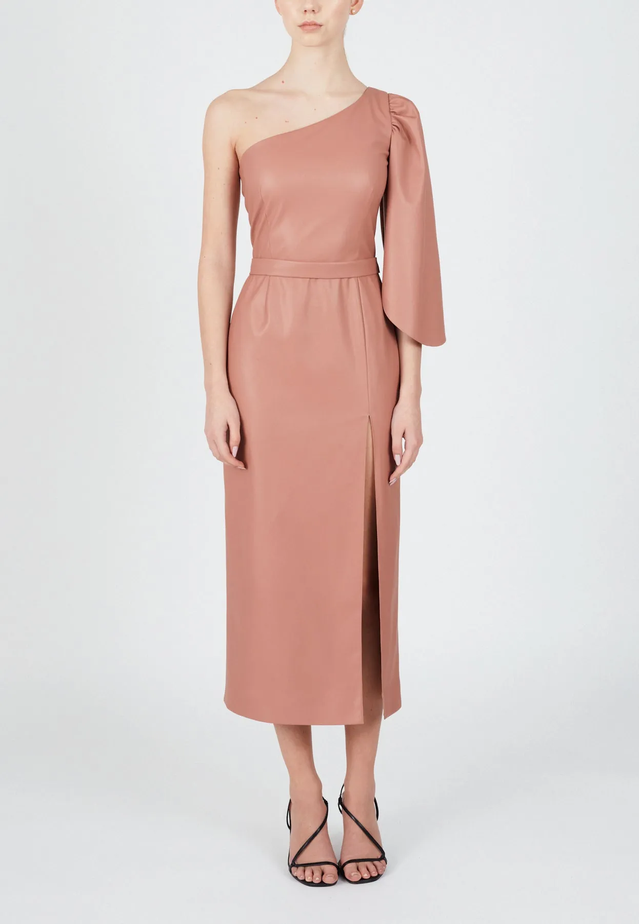NOOMI one shoulder blush pink midi dress
