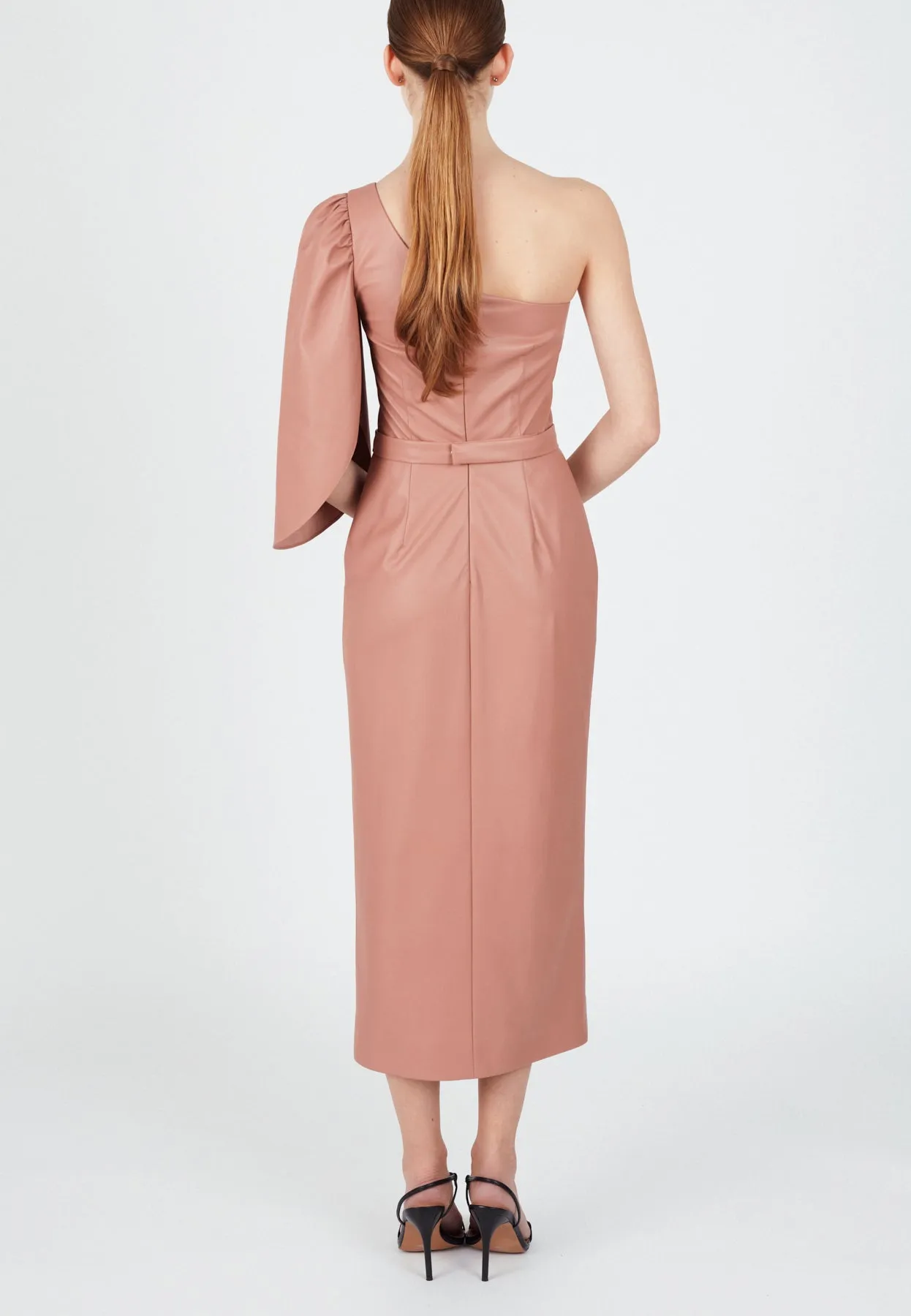 NOOMI one shoulder blush pink midi dress