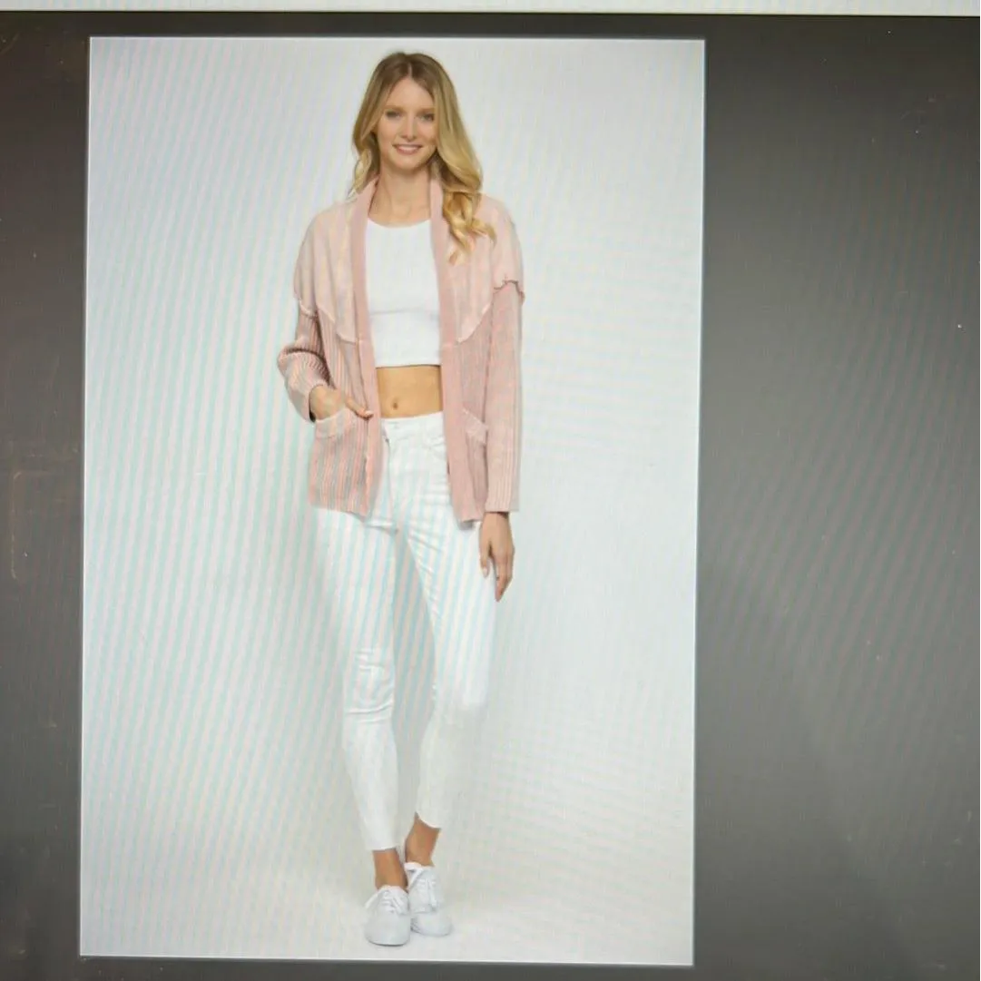 Peach Open Front Jacket with Knit Details