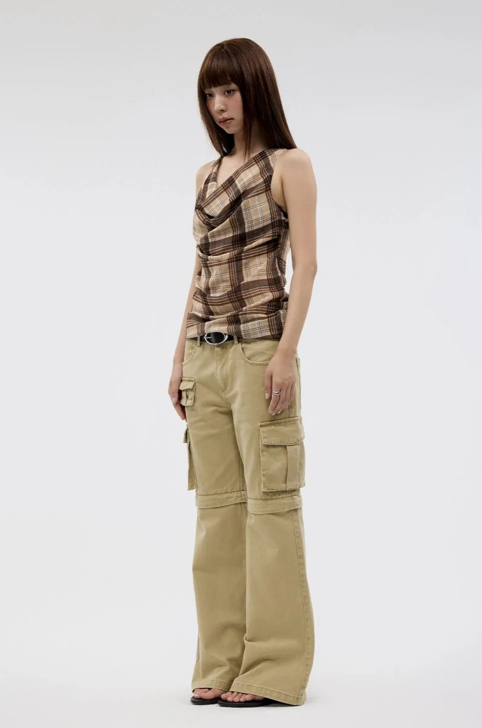 Plaid Cowl Neck Sleeveless  Top
